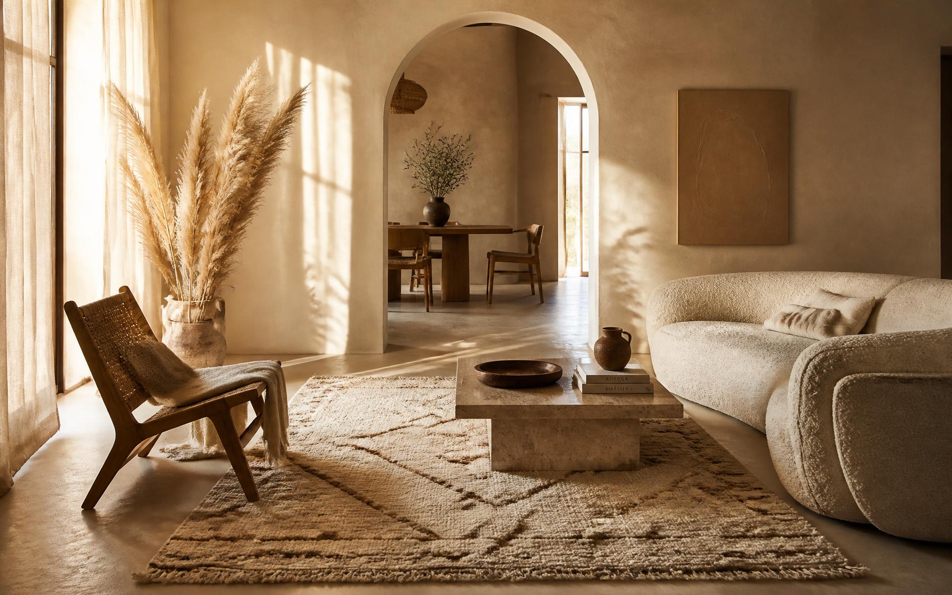 A sunlit Moroccan-inspired living room styled with a handwoven Beni Ourain rug